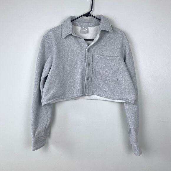 TNA Cozy Fleece‎ Boyfriend Cropped Button Up Heather Gray Shacket Size Medium - Picture 1 of 12